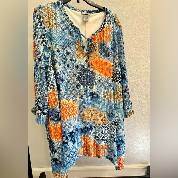 Catherine’s Asymmetrical Hem Blouse Blue Orange Lined Sheer Sleeves 3x/WP 26-28 - Picture 2 of 9